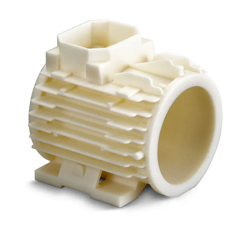 3D-printed white electric motor housing prototype.
