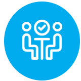 Two people sitting with checkmark symbol.