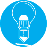 Light bulb and pencil icon on blue background.