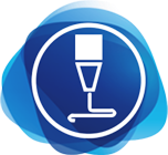 Blue circular icon with abstract design