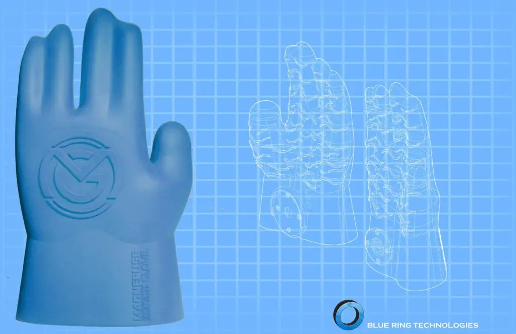 Blue glove with blueprint design background.