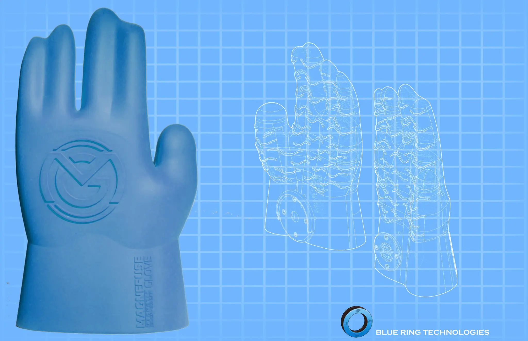 Blue glove with blueprint design background.
