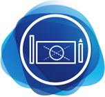 Stylized camera logo on layered blue shapes