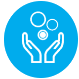 Hands juggling circles on blue background.