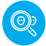 Magnifying glass with faces in blue circle.