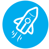 White rocket icon on blue circle background.