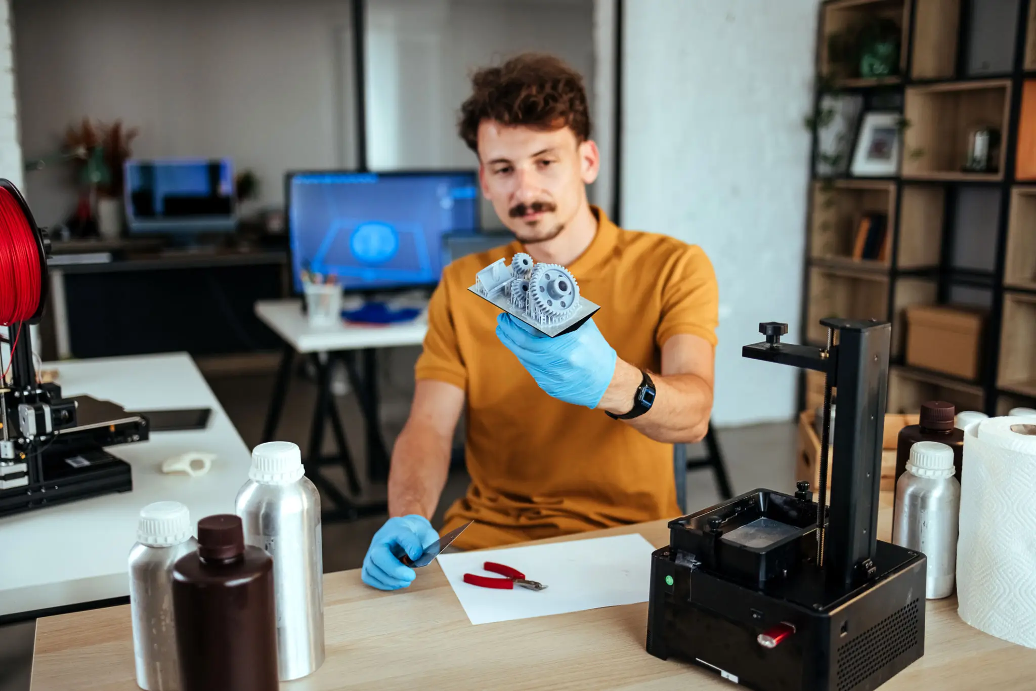 A man in gloves showing a 3D printed object in a workshop.