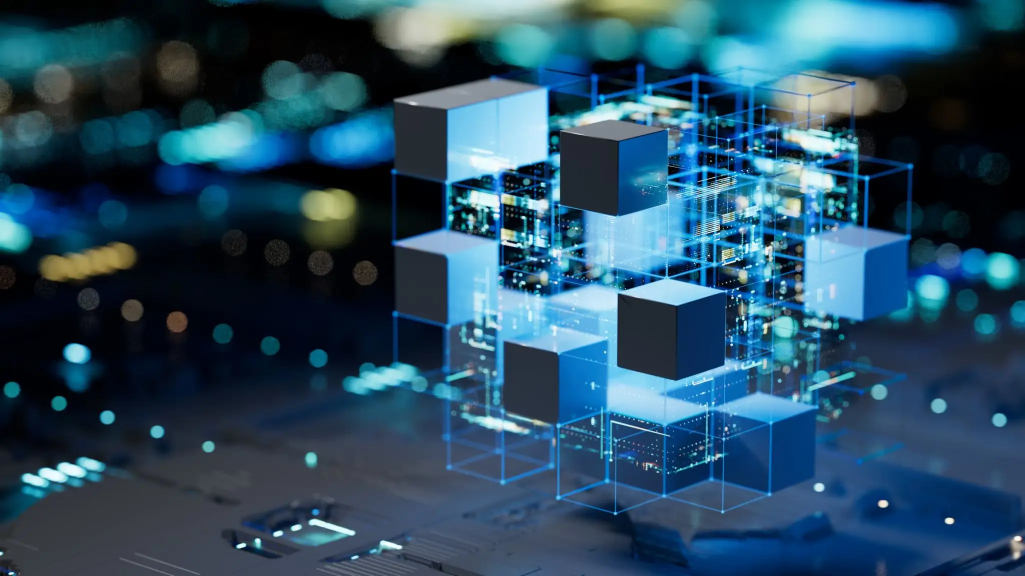 A digital 3D blockchain network with glowing cubes and data connections.